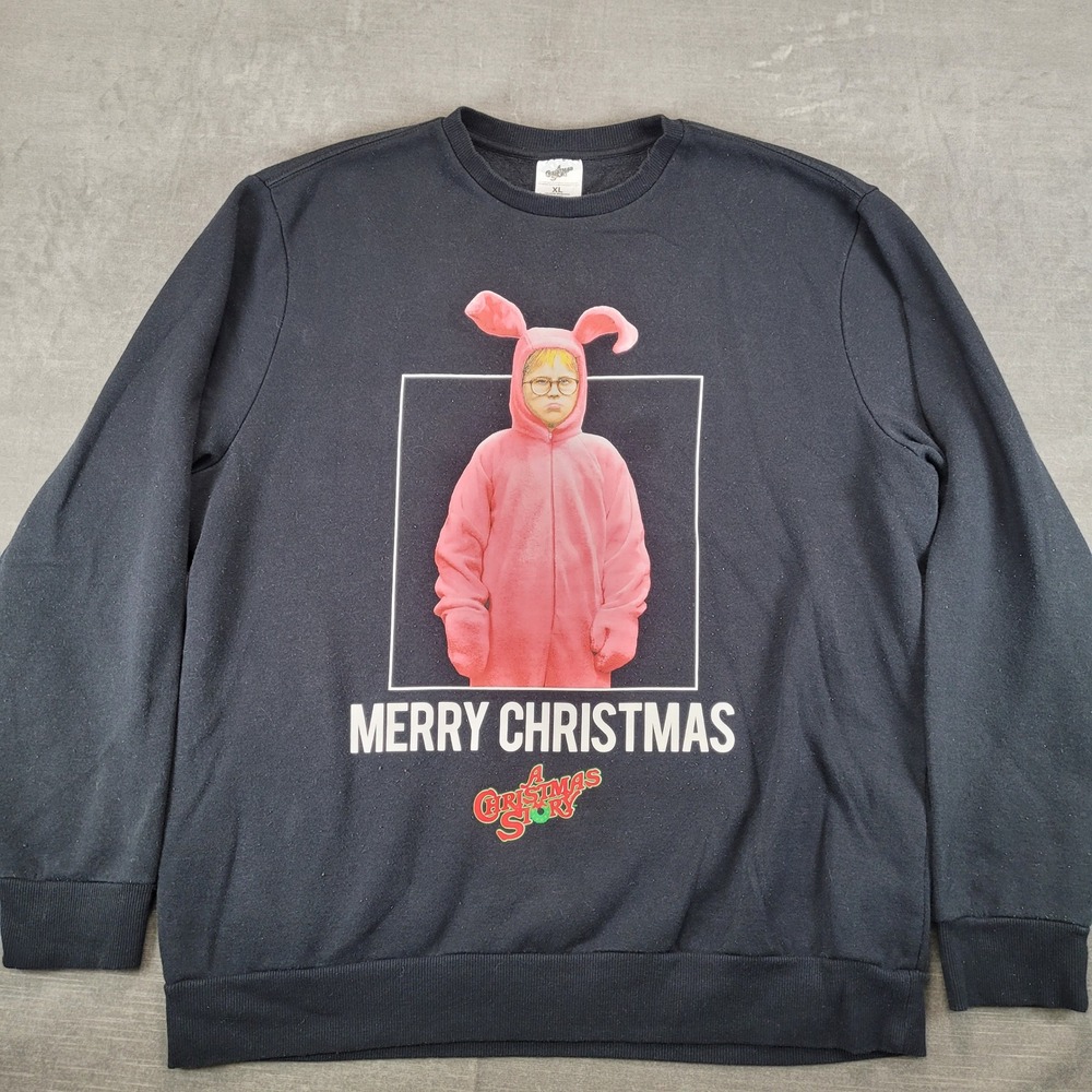 A Christmas Story Vintage Ralphie Pink Bunny‎ Mens XL Black Graphic Sweatshirt